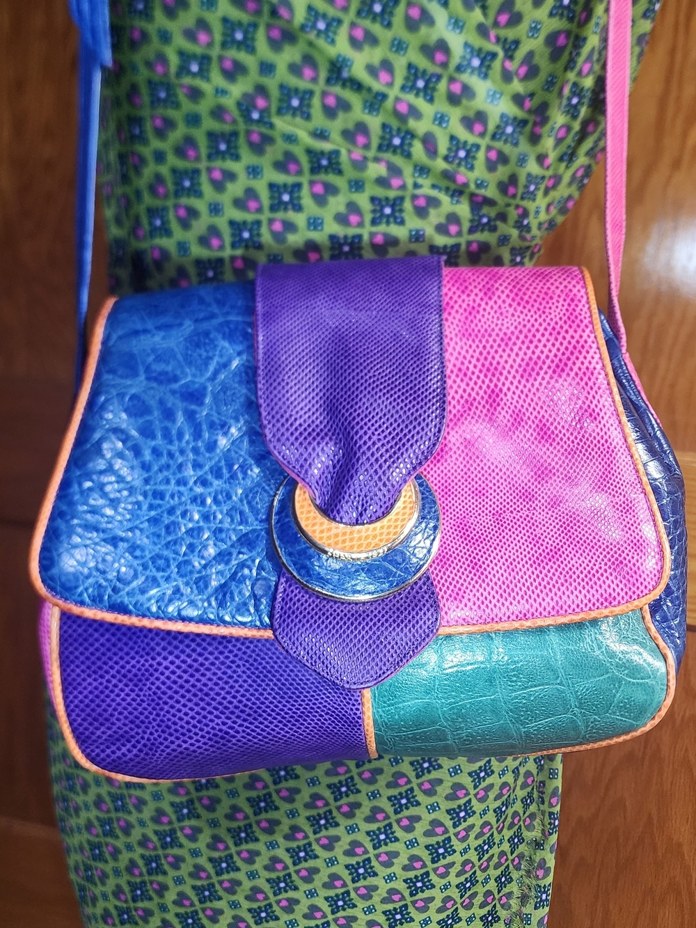 Sharif Colorblock Crossbody Bag in Purple, Blue, Pink, Teal